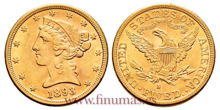 EE.UU - K-101 - 5 DOLLAR 1893 S - CORONET HEAD. ORO