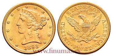 USA - K-101 - 5 DOLLAR 1893 S - CORONET HEAD. GOLD