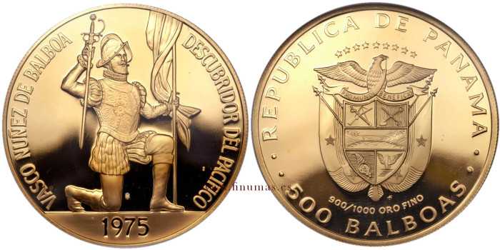 PANAMA - K-042 - 500 BALBOAS 1975. VASCO NUÑEZ BALBOA. PROOF- Oro