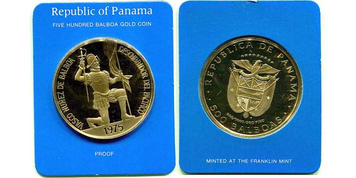 PANAMA - K-042 - 500 BALBOAS 1975. VASCO NUÑEZ BALBOA. PROOF- Oro