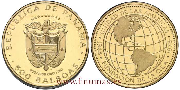 PANAMA - K-057 - 500 BALBOAS 1978. AMERICAN STATES. PROOF- Gold