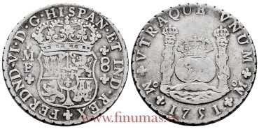 Cy09841.2.- FERNANDO VI - 8 Reales Columnario 1751 Mexico M.F. - BC+