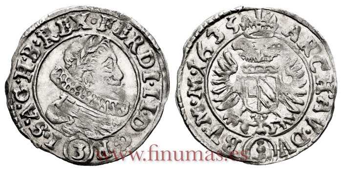 AUSTRIA - K-0369 - FERDINAND II 3 KREUZER 1635 PRAGA. EBC. B.O. - VARIANTE