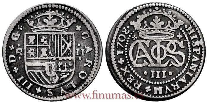 Cy07446.1.- CARLOS III - Pretendiente 2 Reales 1708/7 Barcelona. MBC+