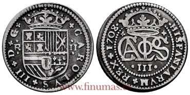 Cy07446.1.- CARLOS III - Pretendiente 2 Reales 1708/7 Barcelona. MBC+