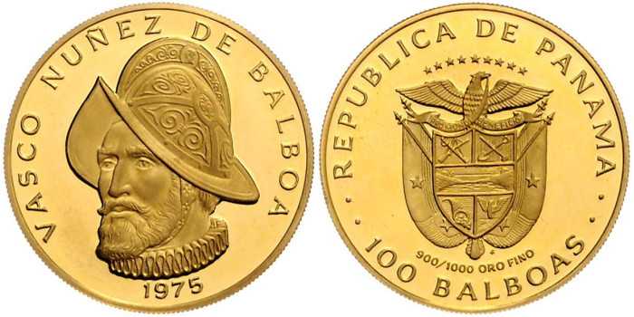 PANAMA - K-041 - 100 BALBOAS 1975. VASCO NUÑEZ BALBOA. PROOF- Oro