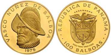 PANAMA - K-041 - 100 BALBOAS 1975. VASCO NUÑEZ BALBOA. PROOF- Gold