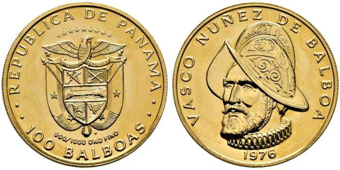 PANAMA - K-041 - 100 BALBOAS 1977. VASCO NUÑEZ BALBOA. PROOF- Oro