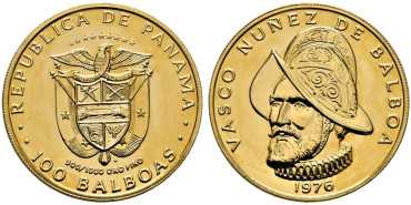 PANAMA - K-041 - 100 BALBOAS 1977. VASCO NUÑEZ BALBOA. PROOF- Gold