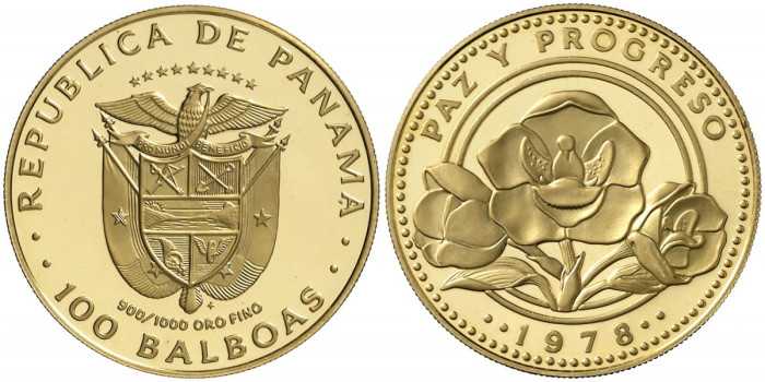 PANAMA - K-056 - 100 BALBOAS 1978. PEACE AND PROGRESS. PROOF- Gold