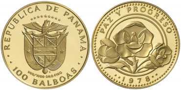 PANAMA - K-056 - 100 BALBOAS 1978. PEACE AND PROGRESS. PROOF- Gold