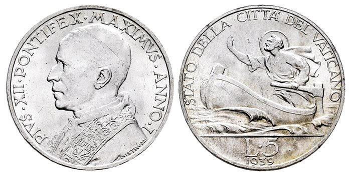VATICANO - K-007 - 5 Liras 1939 Pius XI- SC