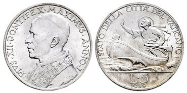 VATICANO - K-007 - 5 Liras 1939 Pius XI- SC