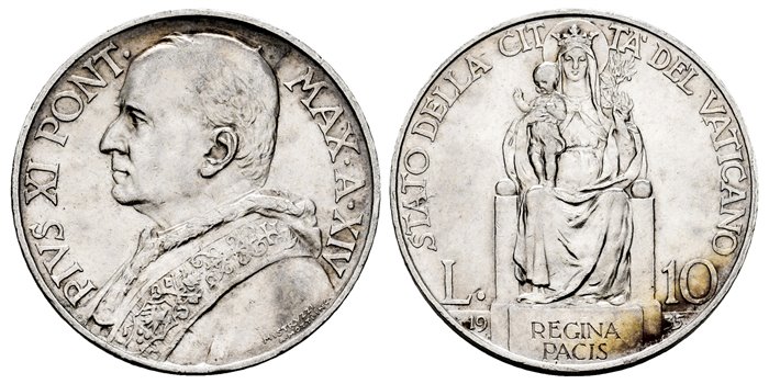 VATICANO - K-008 - 10 Liras 1935 Pius XI- EBC