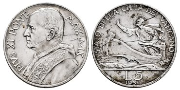 VATICANO - K-007 - 5 Liras 1930 Pius XI- MBC+