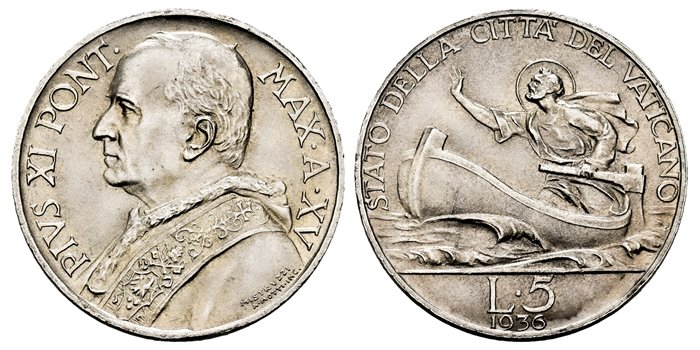 VATICANO - K-007 - 5 Liras 1936 Pius XI- SC