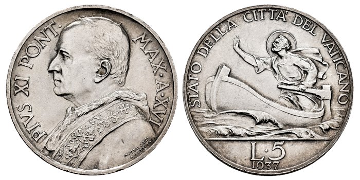 VATICANO - K-007 - 5 Liras 1937 Pius XI - EBC