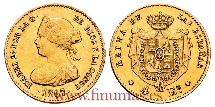 Cy16367.- ISABEL II 4 ESCUDOS 1867 MADRID. EBC.  ORO