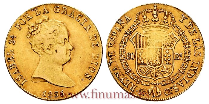 Cy16382.- ISABEL II 80 REALES 1835 MADRID CR. MBC.  ORO