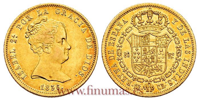 Cy16385.- ISABEL II 80 REALES 1836 MADRID CR. EBC. B.O  ORO