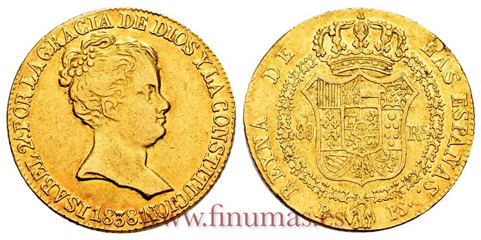 Cy16390.- ISABEL II 80 REALES 1838 BARCELONA P.S.  M.B.C+  ORO