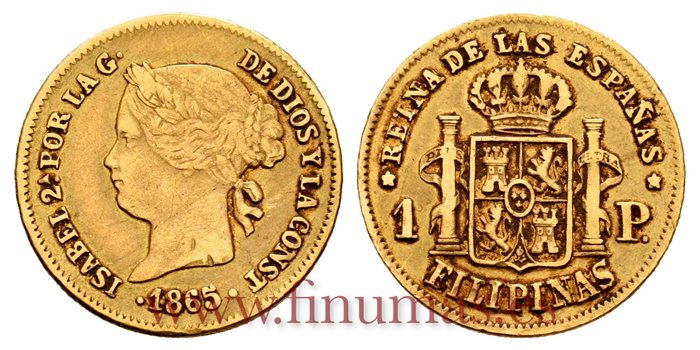 Cy16346.- ISABEL II 1 PESO MANILA 1865.  MBC  ORO