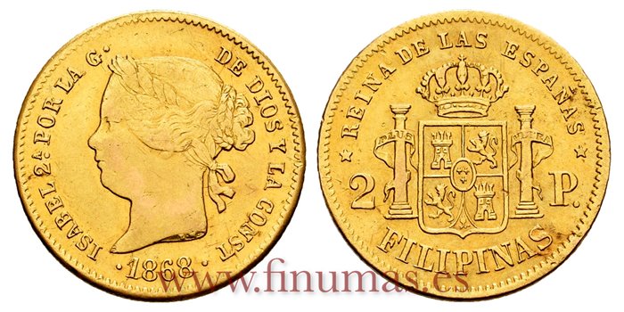 Cy16380.- ISABEL II 2 PESOS MANILA 1868. MBC+  ORO