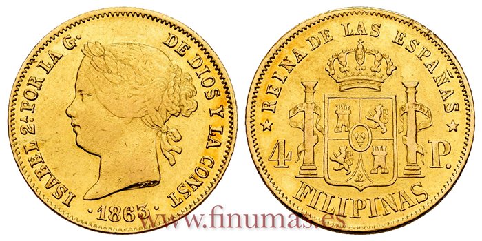 Cy16479.- ISABEL II 4 PESOS MANILA 1863/53. EBC.  ORO