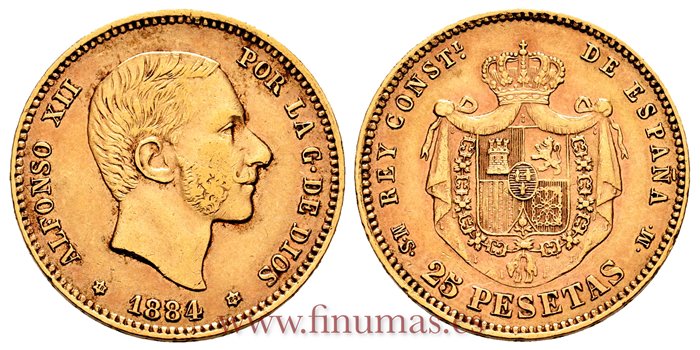Cy16614.- ALFONSO XII 25 PESETAS 1884 *18*84. MBC  ORO