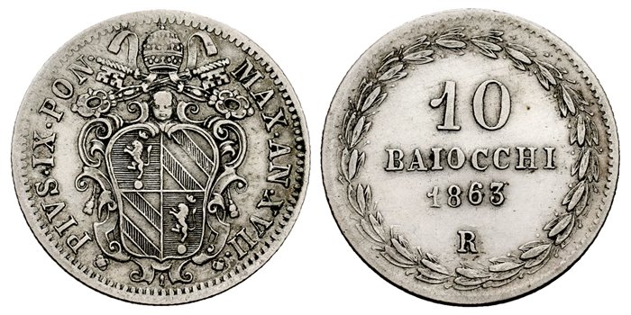 VATICAN - K-1342B - 10 Baiocchi 1863-R - MBC+