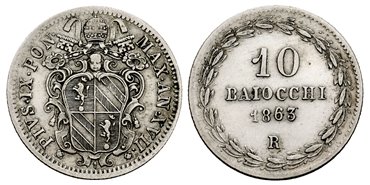 VATICAN - K-1342B - 10 Baiocchi 1863-R - MBC+