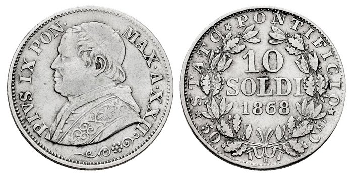 VATICAN - K-1376 - 10 SOLDI 1868-R - MBC+