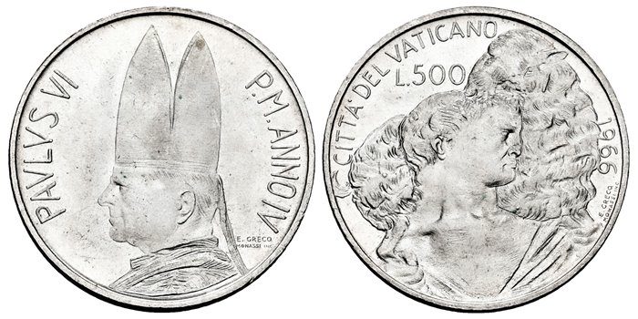 VATICANO - K-091- 500 Liras 1966 Pablo VI- SC