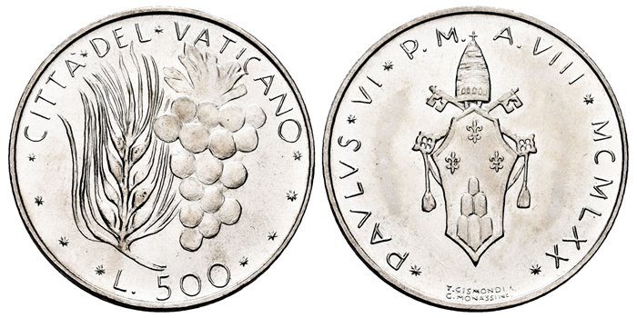 VATICANO - K-123- 500 Liras 1970 Pablo VI- SC