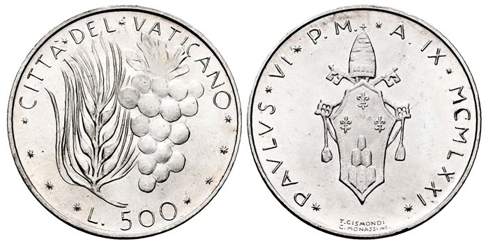 VATICANO - K-123- 500 Liras 1971 Pablo VI- SC