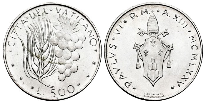 VATICANO - K-123- 500 Liras 1975 Pablo VI- SC