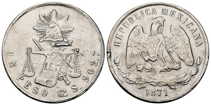 MEXICO - K408-4. - 1 Peso 1871 Guanajuato S.-MBC