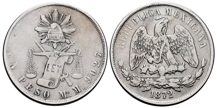 MEXICO - K408-5. - 1 Peso 1872 Mexico M.-MBC