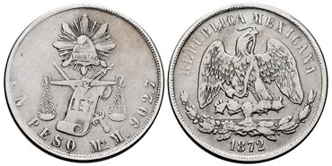 MEXICO - K408-5. - 1 Peso 1872 Mexico M.-MBC