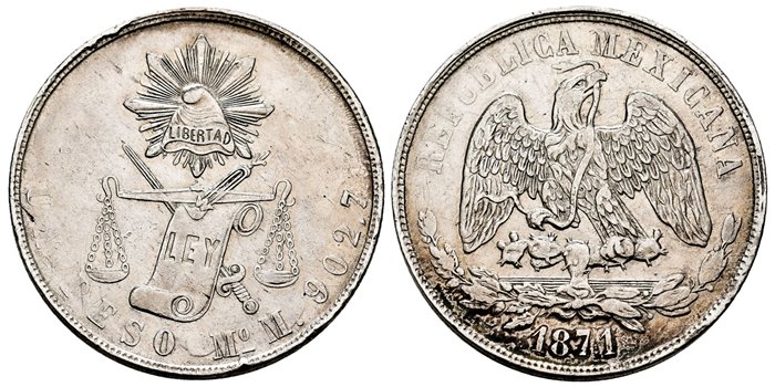 MEXICO - K408-5. - 1 Peso 1871 Mexico M.-MBC