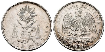 MEXICO - K408-5. - 1 Peso 1871 Mexico M.-MBC