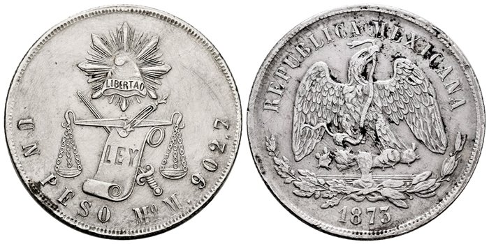 MEXICO - K408-5. - 1 Peso 1873 Mexico M.-MBC