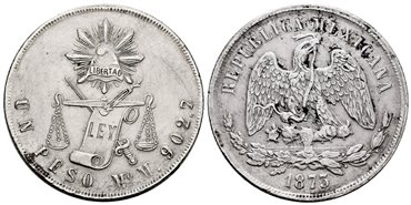 MEXICO - K408-5. - 1 Peso 1873 Mexico M.-MBC