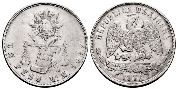 MEXICO - K408-5. - 1 Peso 1872 Mexico M.-MBC+