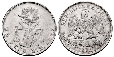 MEXICO - K408-5. - 1 Peso 1872 Mexico M.-MBC+