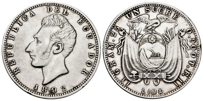 ECUADOR - K053.5.- 1 Sucre 1892.-MBC+