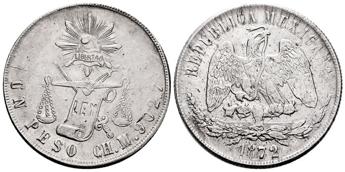 MEXICO - K408. - 1 Peso 1872 Chihuahua M.-EBC+
