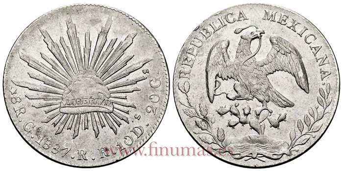 MEXICO - K377.8 - 8 REALES 1887 Guanajuato R.R.-EBC+