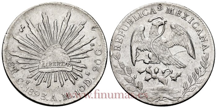 MEXICO - K377-3- 8 REALES 1893 Culiacan A.M.-MBC+