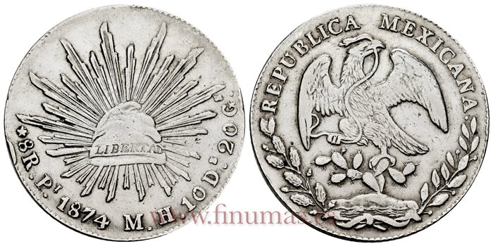 MEXICO - K377.12 - 8 REALES 1874 Potosi M.H.-EBC-